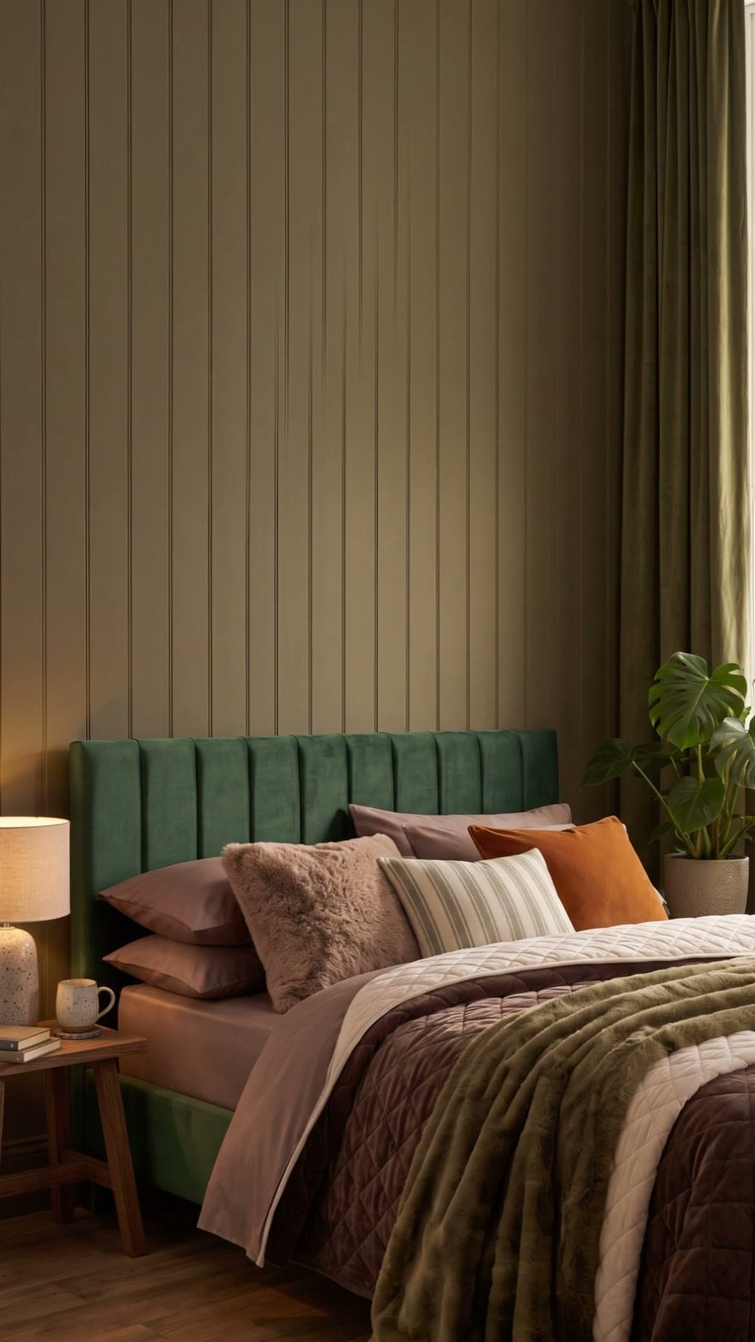 Green velvet bed dressed for autumn with faux-fur throws, beside a window