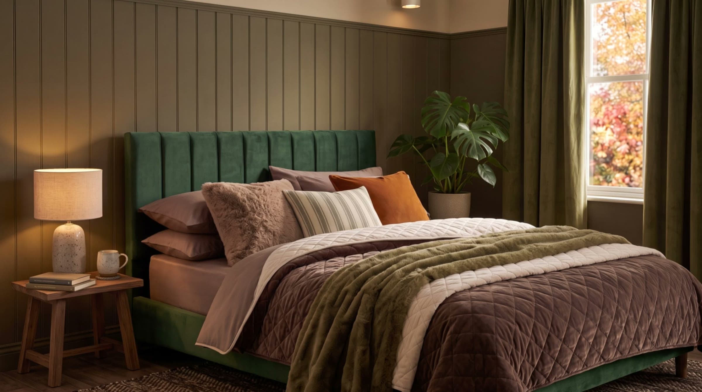 Green velvet bed dressed for autumn with faux-fur throws, beside a window