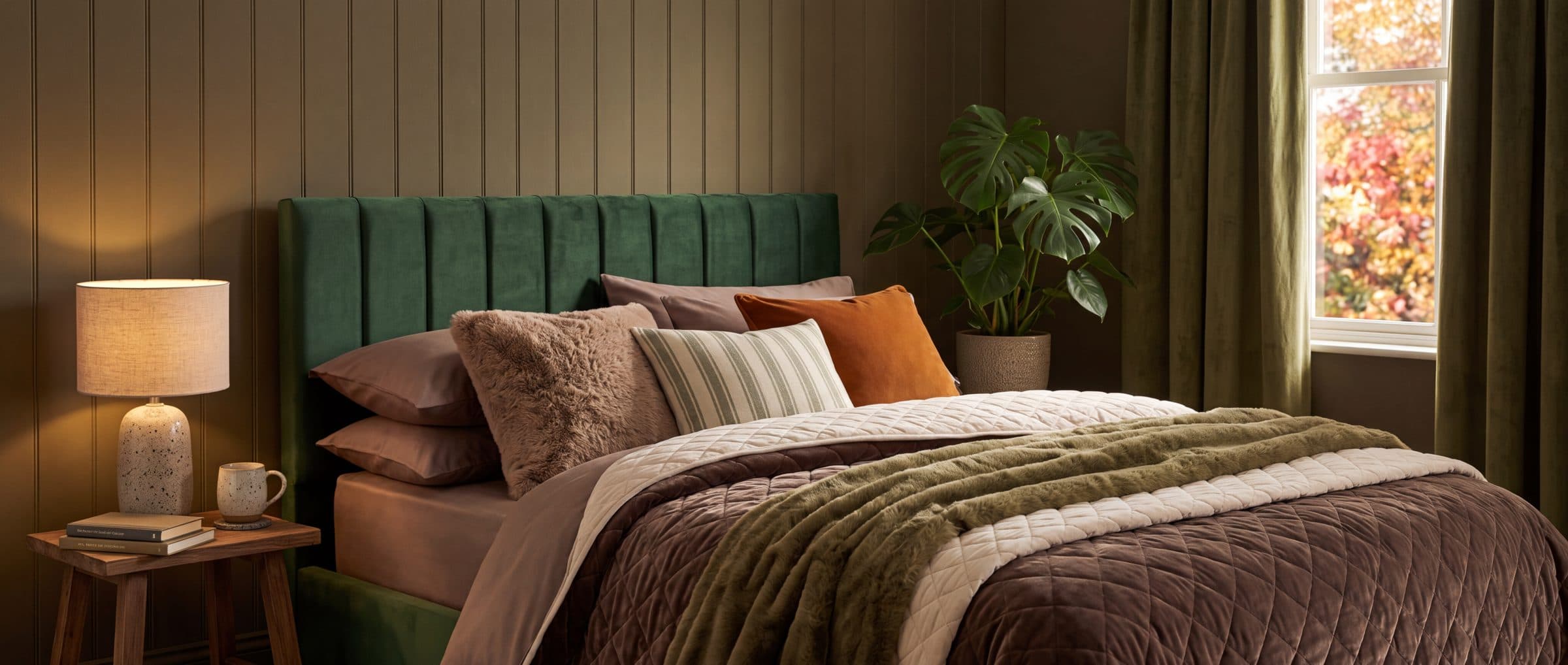 Green velvet bed dressed for autumn with faux-fur throws, beside a window