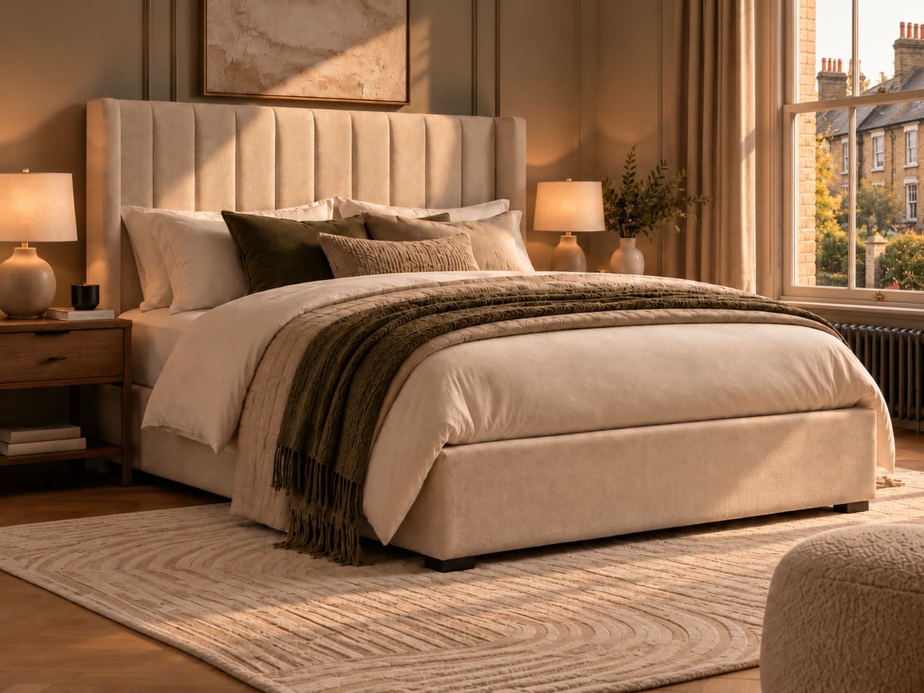 Upholstered bed in a warm, autumn-lit bedroom