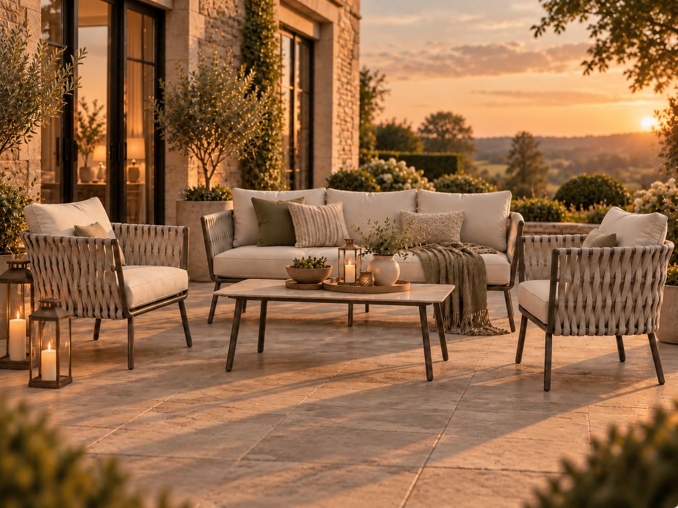 Garden sofa set on a patio at sunset