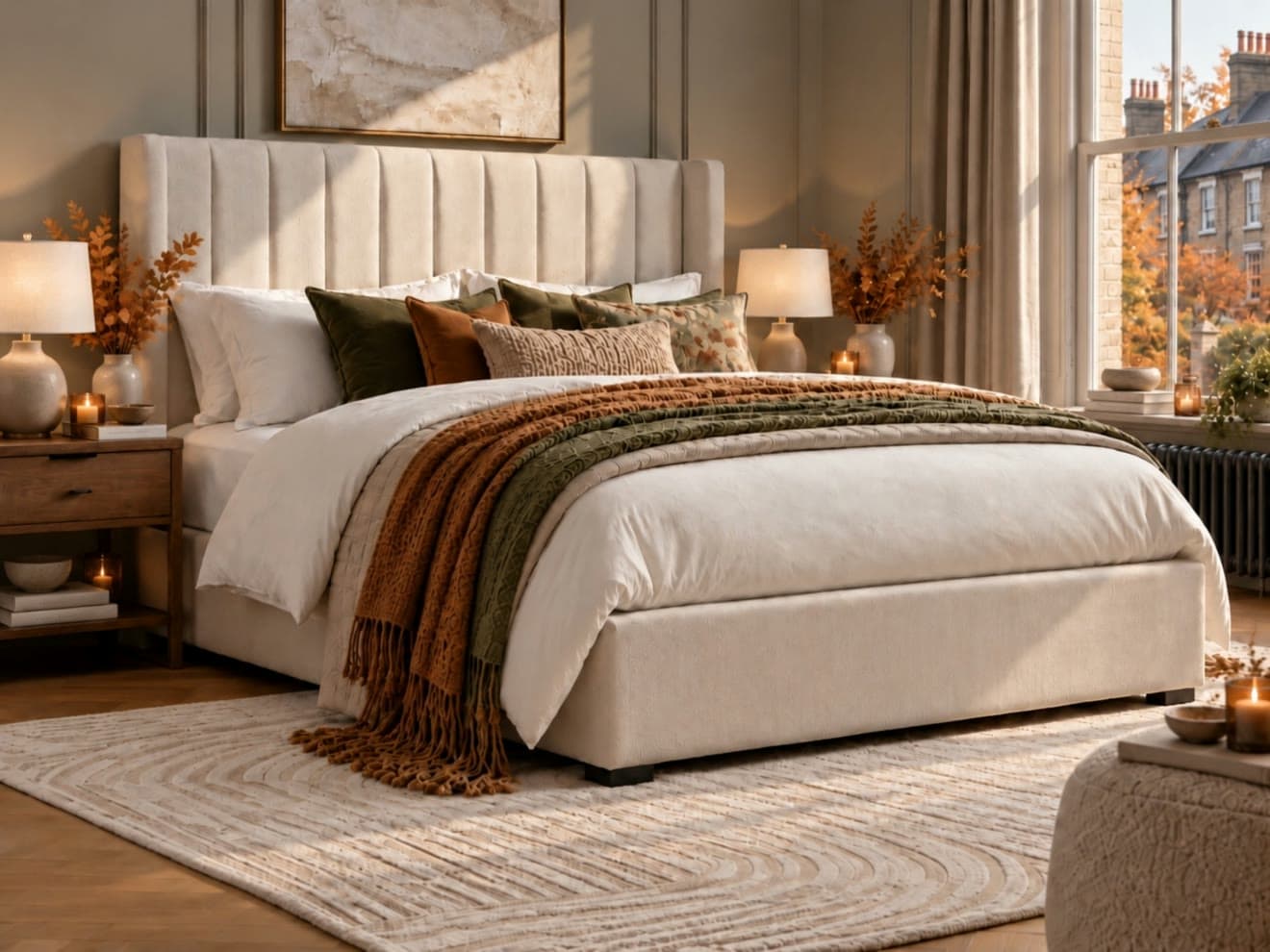 Upholstered bed in a warm, autumn-lit bedroom