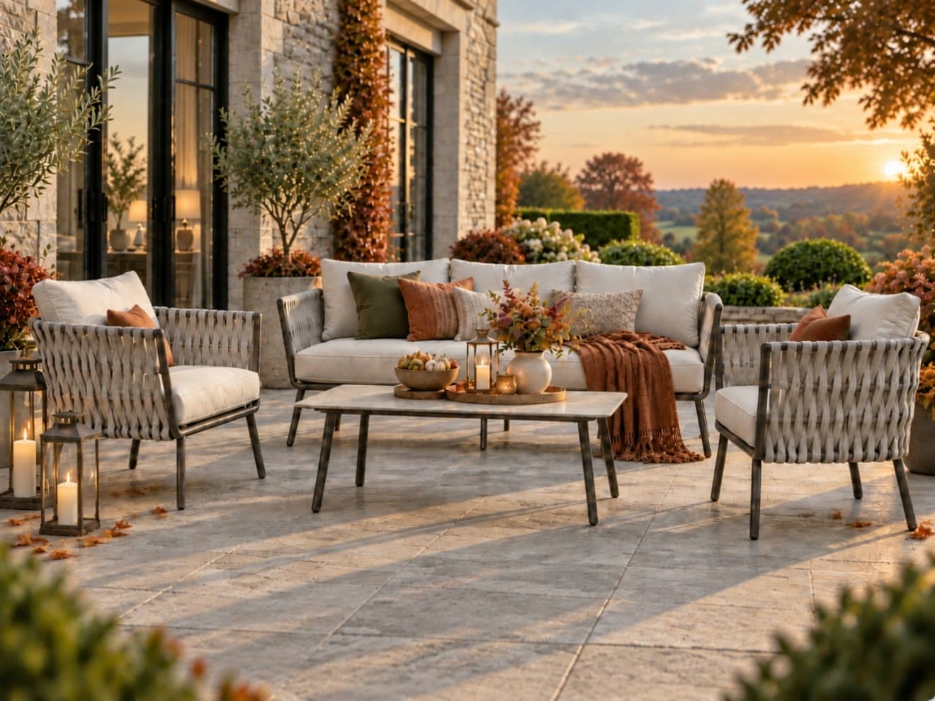 Garden sofa set on a patio at sunset
