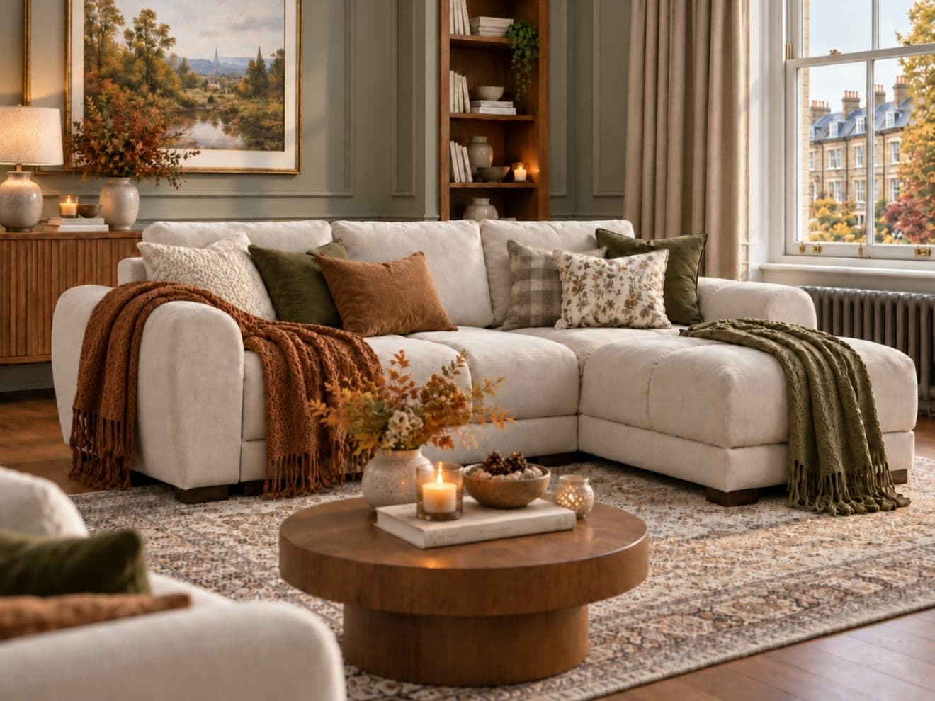 Corner sofa and coffee table in a cosy living room