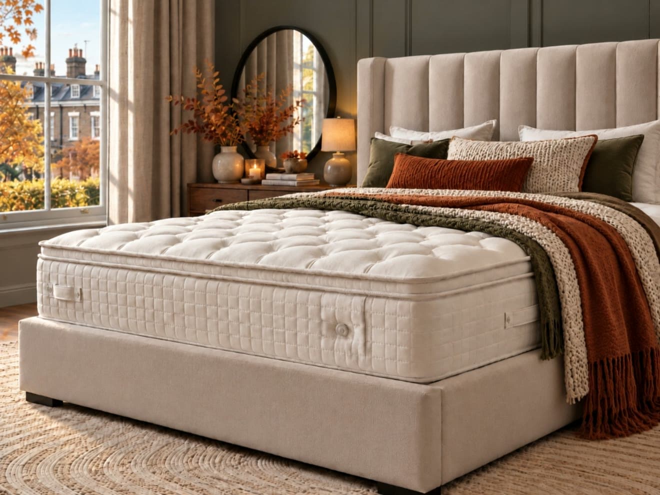 Pillow-top mattress on an upholstered bed by a sunlit window