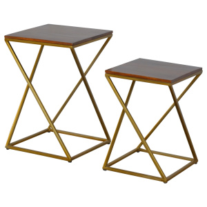 Set of 2 Chestnut Nesting Tables with Gold Base