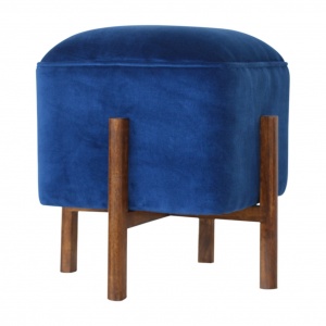 Royal Blue Velvet Footstool With Solid Wood Legs