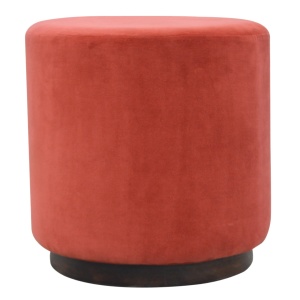 Large Brick Red Velvet Footstool with Wooden Base