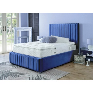Savoy Panel Line Design Upholstered Blue Bed Soft Velvet