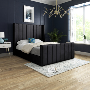 Oxford Panel Lined Upholstered Soft Velvet Bed - Black