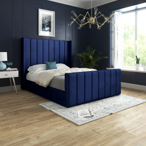 Oxford Panel Lined Upholstered Soft Velvet Bed - Blue