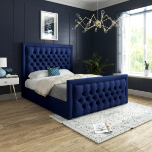 Kingston Upholstered Soft Velvet Bed - Blue - Diamante Buttons