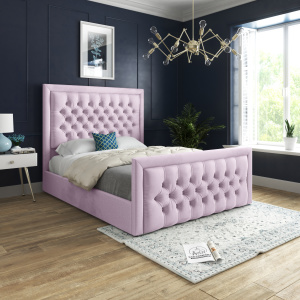 Kingston Upholstered Soft Velvet Bed - Pink - Diamante Buttons